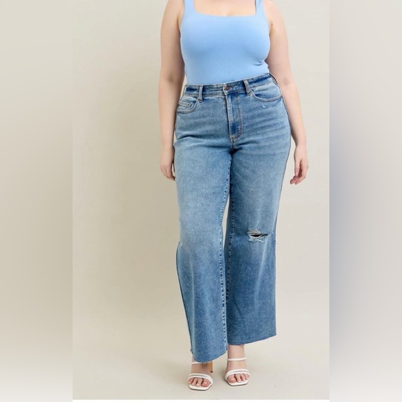 Judy Blue Denim - Judy Blue Indigo Rush High Rise Wide Leg Distressed Jeans Size 16W